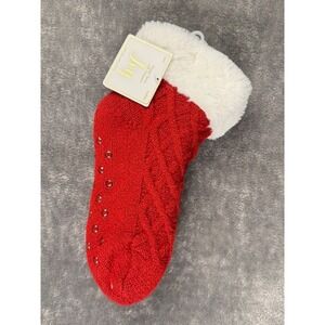 Joy Slipper Socks OS Red Cable Knit Faux Fur Lined Grippers NEW